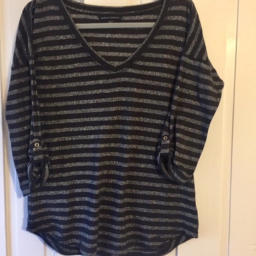Banana Republic Black & Metallic Silver Striped Top - Small